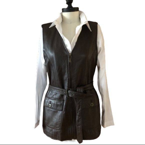 Brown Leather Vest Belted Riding Longline Safari Sleeveless Otello Pelle Small - Picture 15 of 16